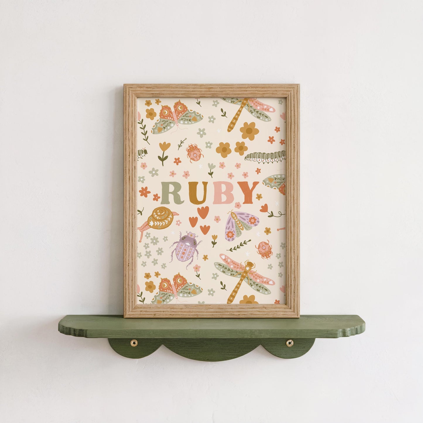 Set of 3 Personalised Floral Bug Art Prints - Nursery, Kids Room, Initial, Name, Playroom Decor, Patchwork Quilt, Folk Art, Girls Room