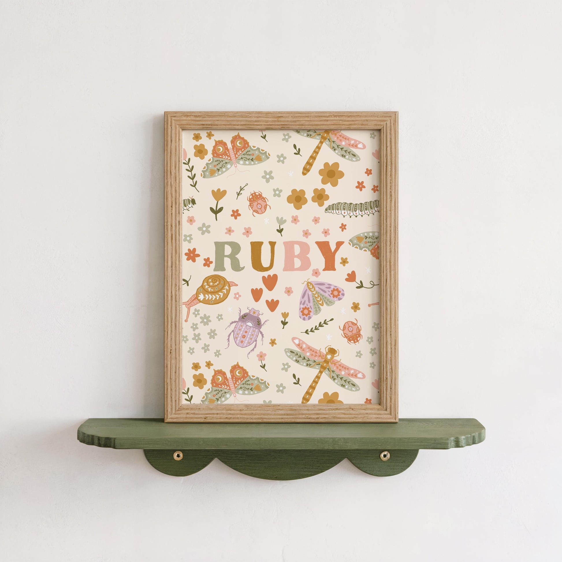 Set of 3 Personalised Floral Bug Art Prints - Nursery, Kids Room, Initial, Name, Playroom Decor, Patchwork Quilt, Folk Art, Girls Room