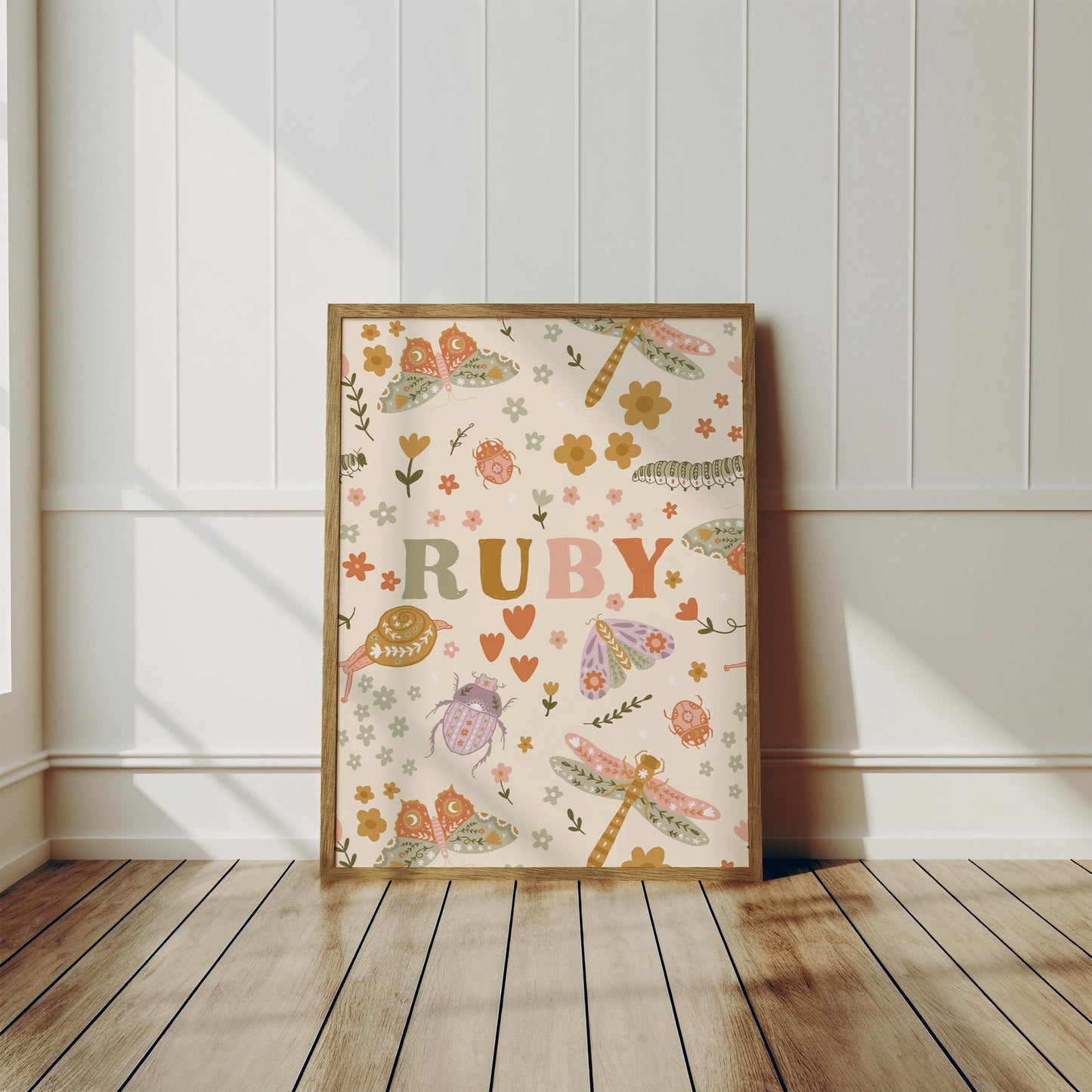 Set of 3 Personalised Floral Bug Art Prints - Nursery, Kids Room, Initial, Name, Playroom Decor, Patchwork Quilt, Folk Art, Girls Room