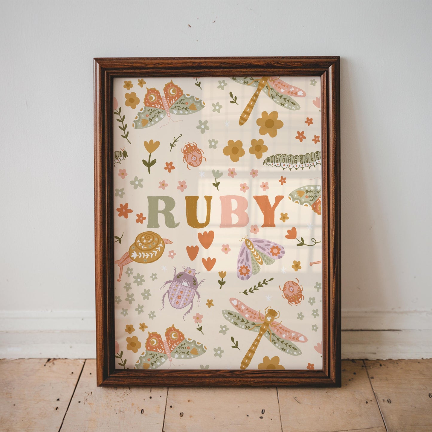 Set of 3 Personalised Floral Bug Art Prints - Nursery, Kids Room, Initial, Name, Playroom Decor, Patchwork Quilt, Folk Art, Girls Room