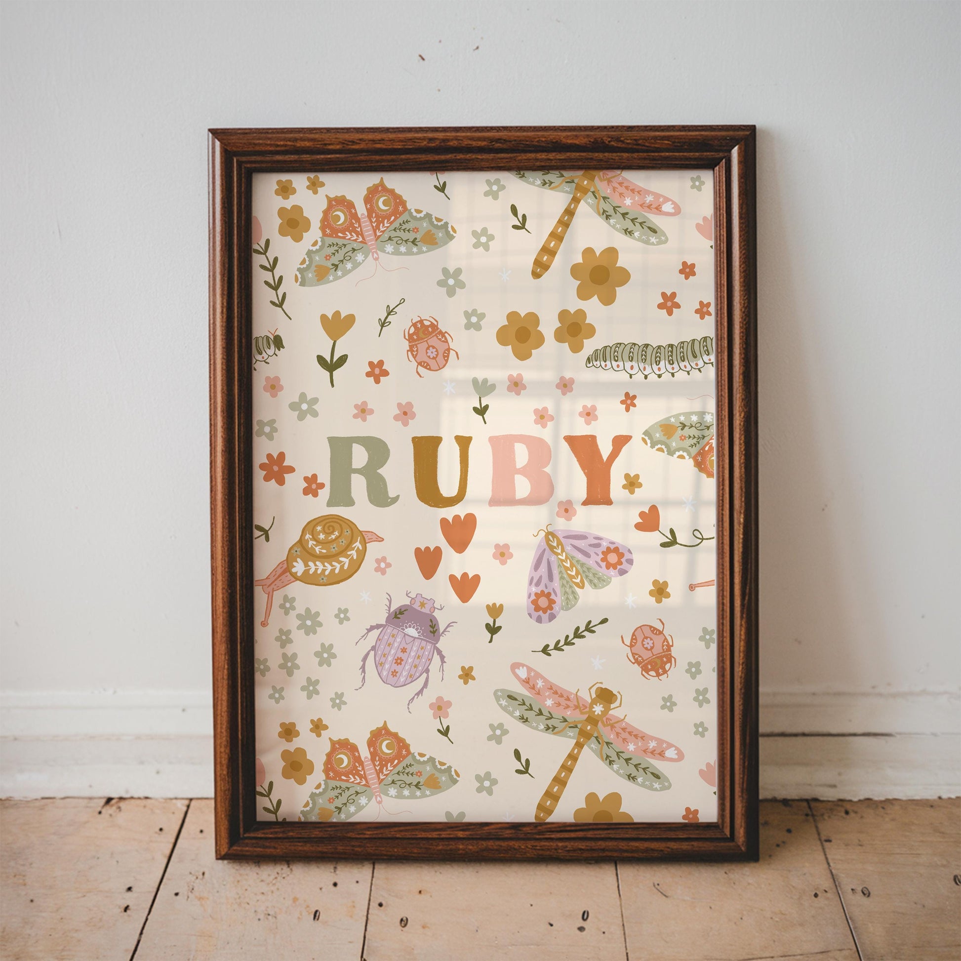 Set of 3 Personalised Floral Bug Art Prints - Nursery, Kids Room, Initial, Name, Playroom Decor, Patchwork Quilt, Folk Art, Girls Room