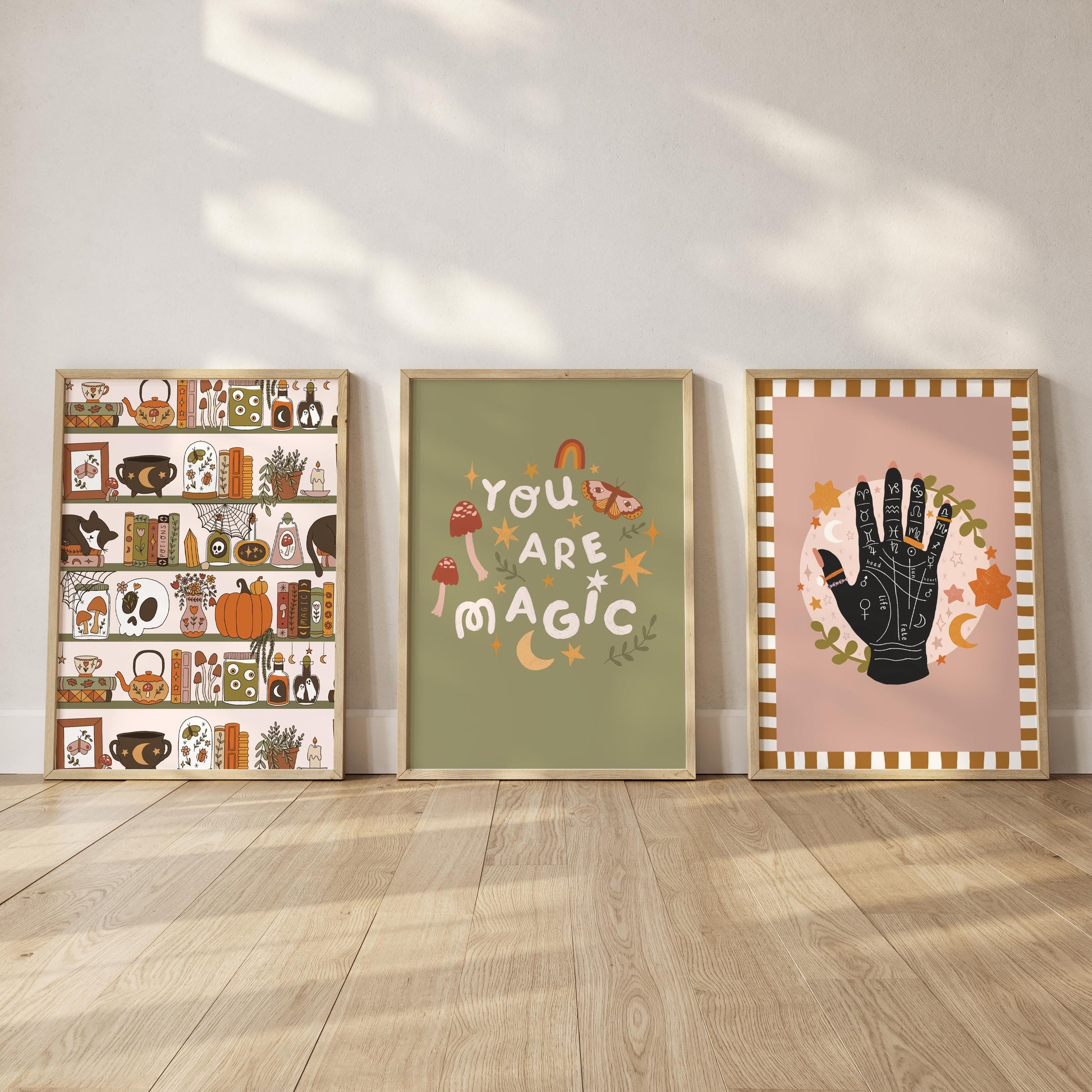 Set of 3 Witchy Magic Wall Art Prints – Cottagecore, Witch, Whimsical, bookshelf, Palmistry