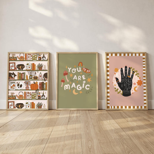 Set of 3 Witchy Magic Wall Art Prints – Cottagecore, Witch, Whimsical, bookshelf, Palmistry