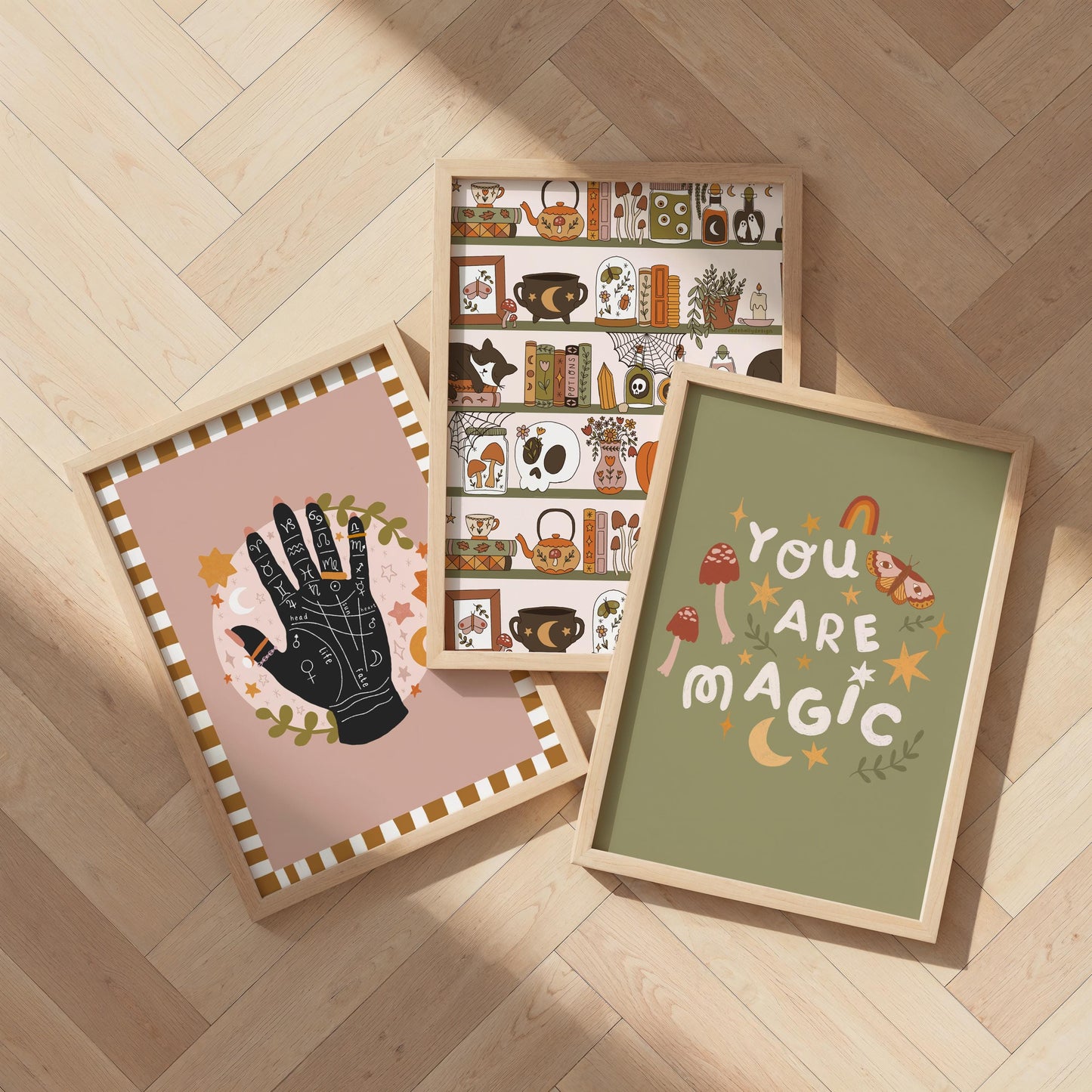 Set of 3 Witchy Magic Wall Art Prints – Cottagecore, Witch, Whimsical, bookshelf, Palmistry