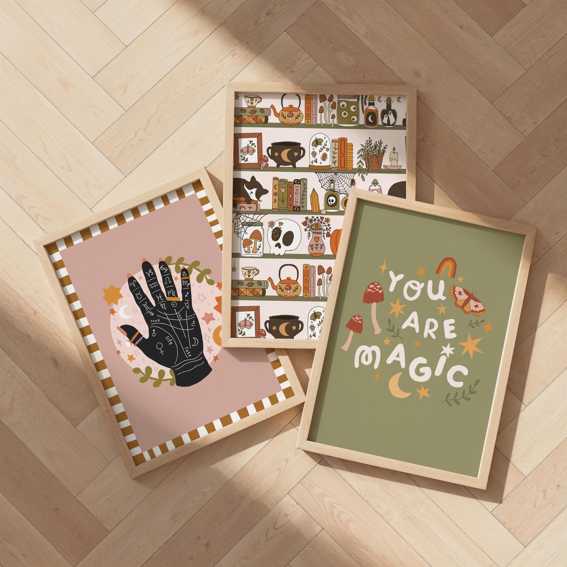Set of 3 Witchy Magic Wall Art Prints – Cottagecore, Witch, Whimsical, bookshelf, Palmistry
