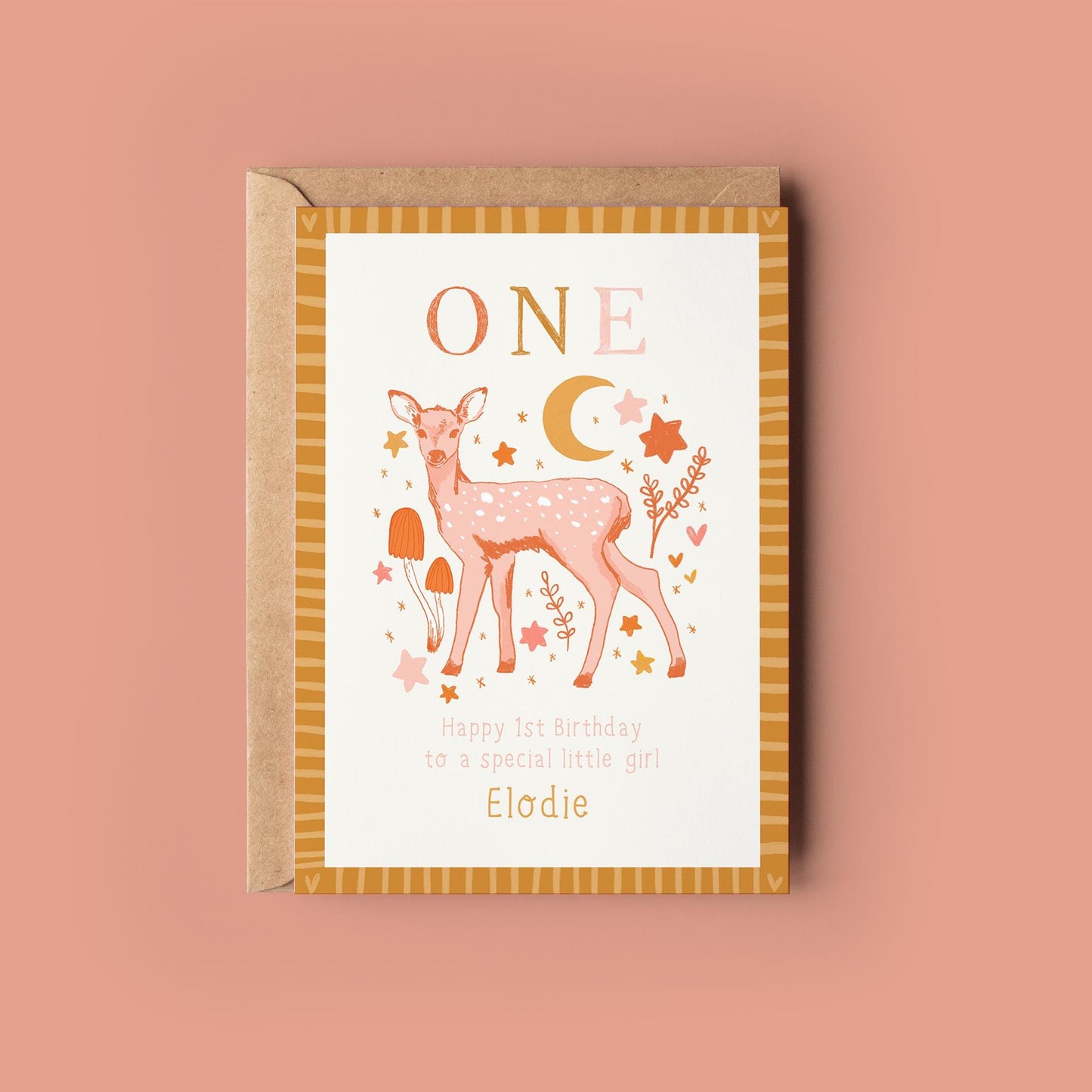 Personalised First Birthday Card - Age 1 Girls Birthday Card - Whimsical Deer Toadstool Moon - Daughter, Granddaughter, Niece, Sister