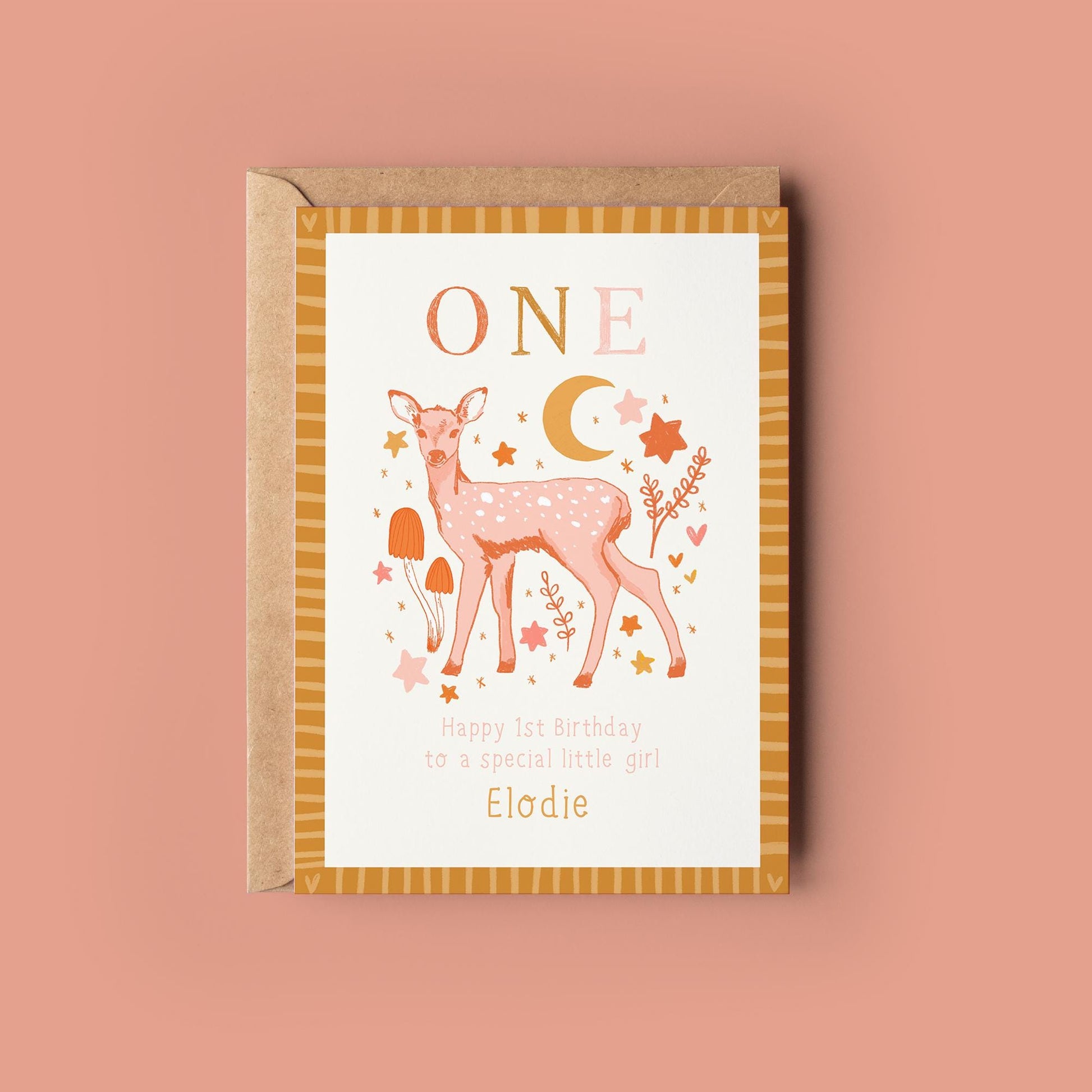 Personalised First Birthday Card - Age 1 Girls Birthday Card - Whimsical Deer Toadstool Moon - Daughter, Granddaughter, Niece, Sister