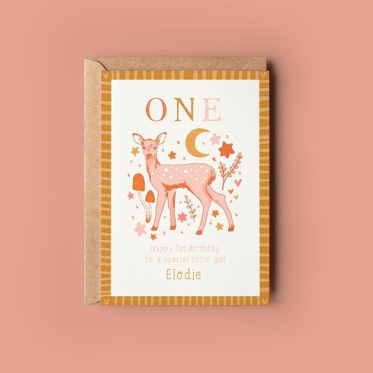 Personalised First Birthday Card - Age 1 Girls Birthday Card - Whimsical Deer Toadstool Moon - Daughter, Granddaughter, Niece, Sister