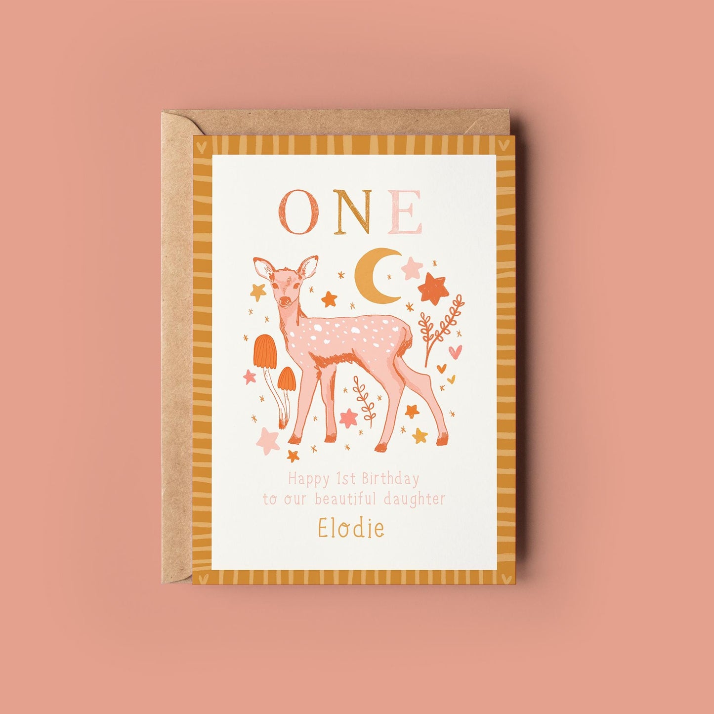Personalised First Birthday Card - Age 1 Girls Birthday Card - Whimsical Deer Toadstool Moon - Daughter, Granddaughter, Niece, Sister