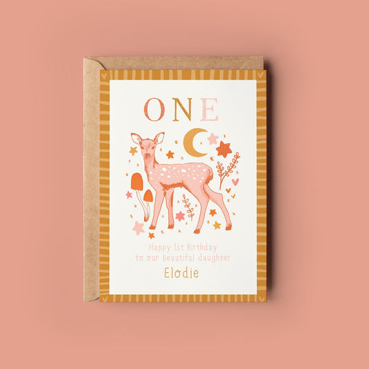 Personalised First Birthday Card - Age 1 Girls Birthday Card - Whimsical Deer Toadstool Moon - Daughter, Granddaughter, Niece, Sister
