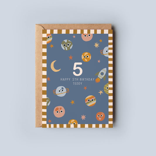 Personalised Kids Space Birthday Card - Age, Name - Planets, Solar System, Stars