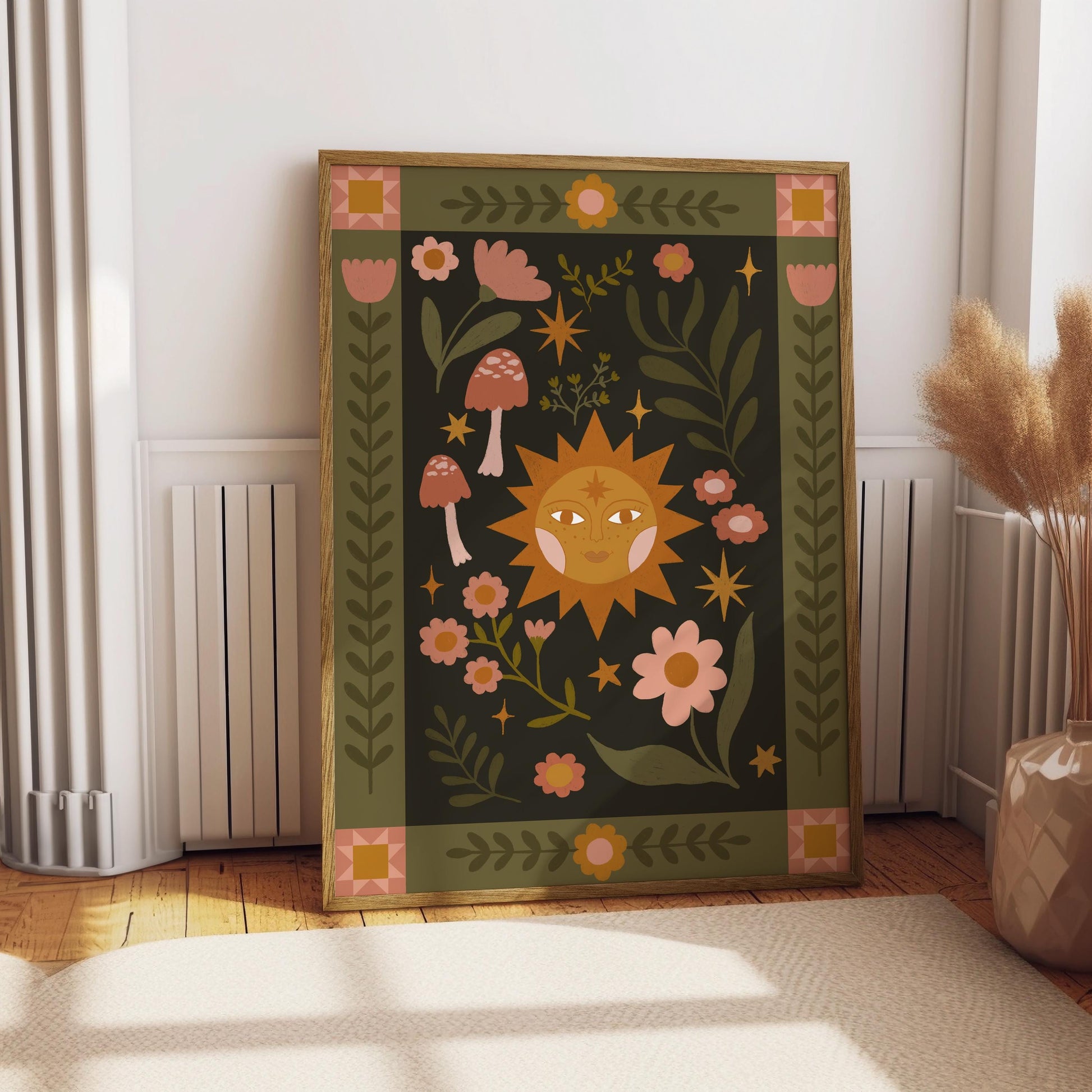 Folk Art Celestial Sun Print - Quilt, Patchwork, Floral