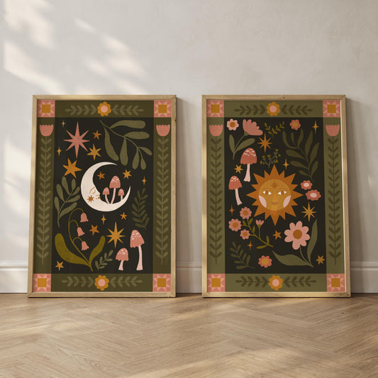 Folk Art Celestial Sun & Moon Set of Two Wall Prints- Quilt, Patchwork, Floral