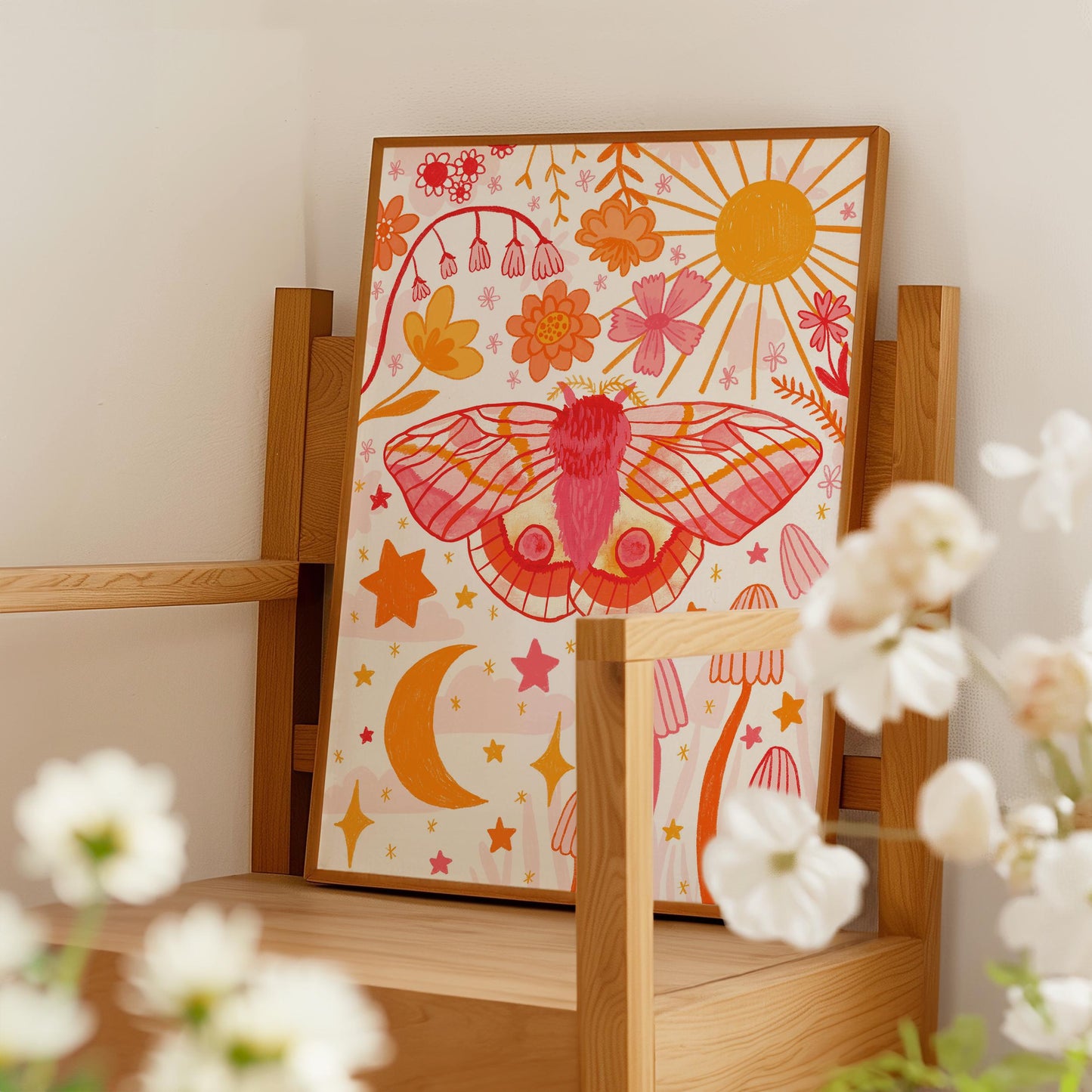 Whimsical Moth Floral Wall Art Print - A5 or A4 -
