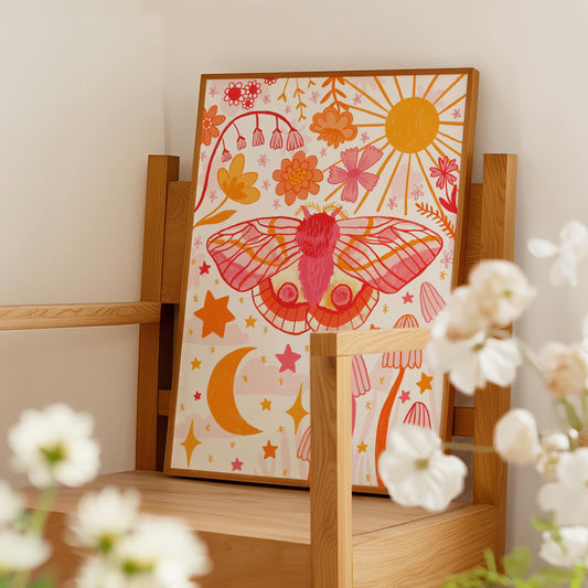 Whimsical Moth Floral Wall Art Print - A5 or A4 -