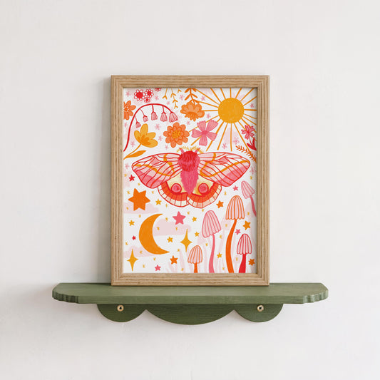 Whimsical Moth Floral Wall Art Print - A5 or A4 -