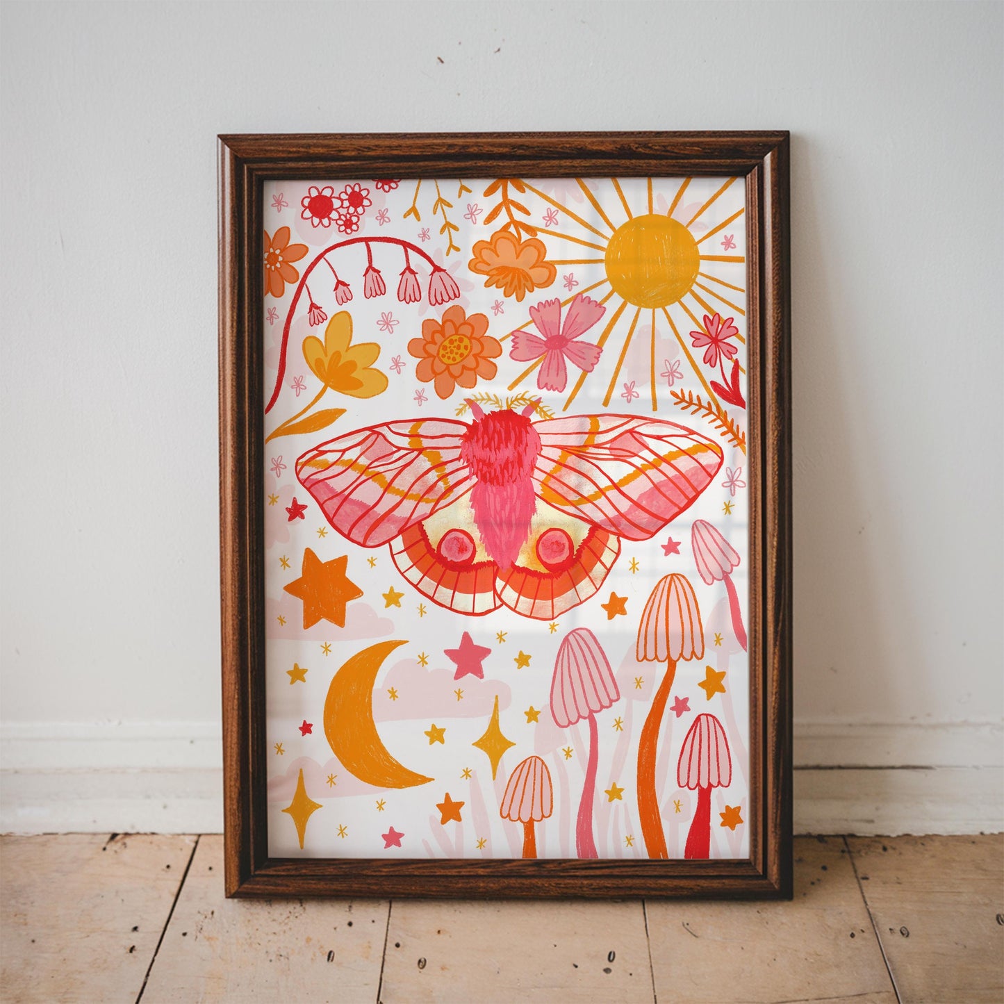 Whimsical Moth Floral Wall Art Print - A5 or A4 -