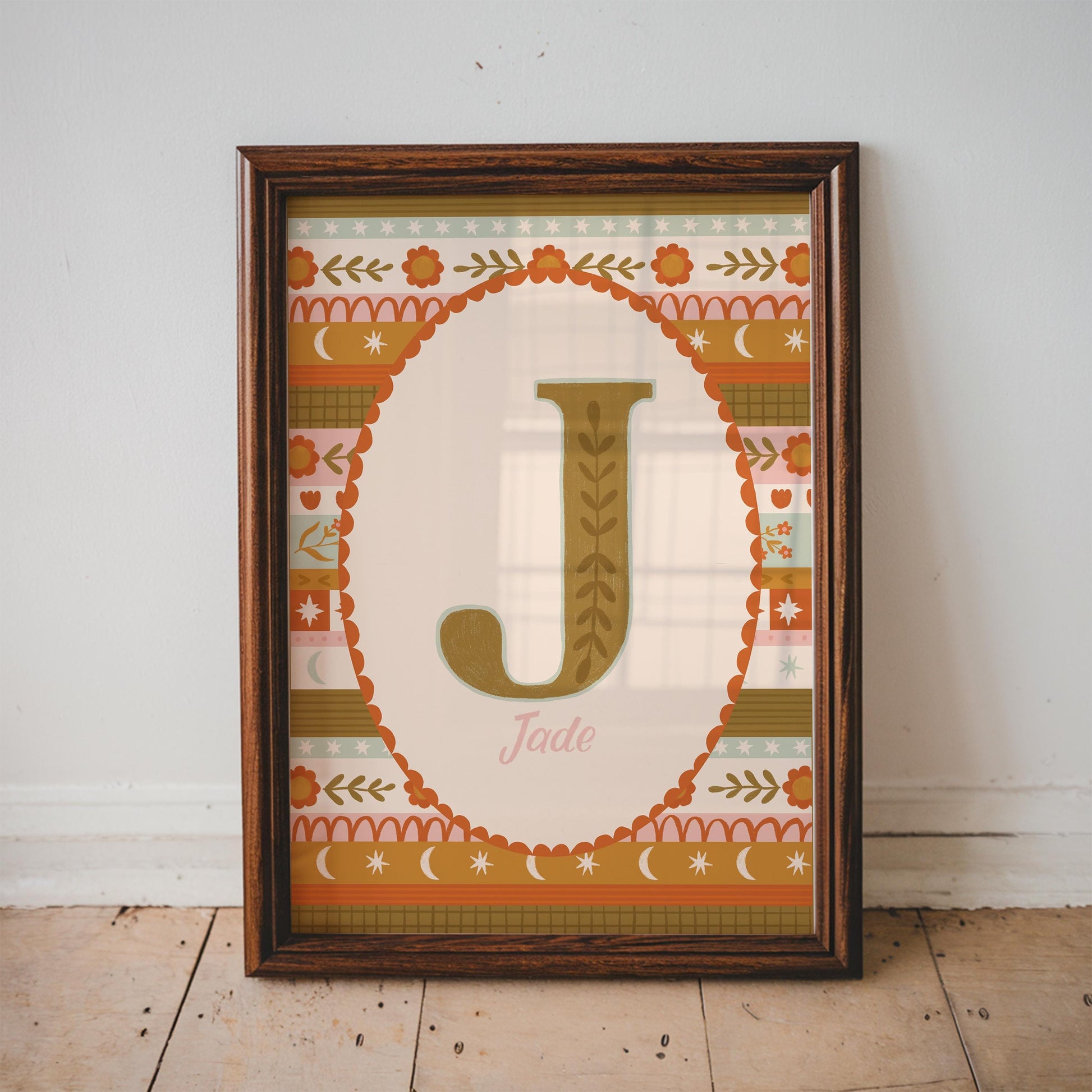 Set of 3 Folk Floral Kids Wall Art Prints – Personalised Name, Initial, Bird (A4)