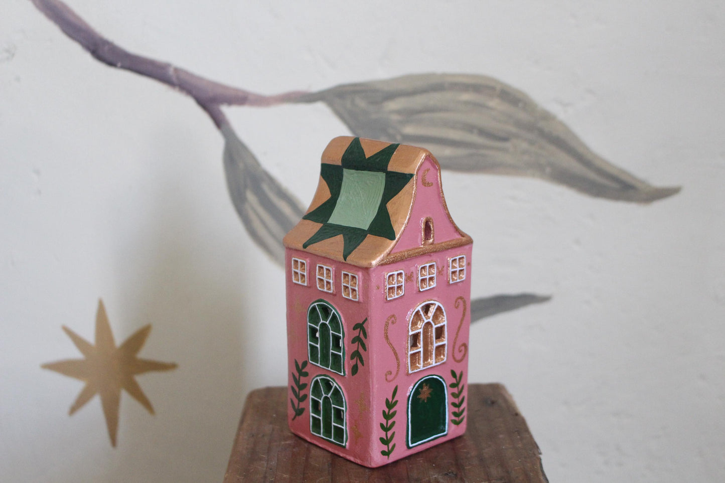 Hand Painted Ceramic Quilt Star House Ornament - Tea light holder, cottagecore, folk art, patchwork - green and pink decor
