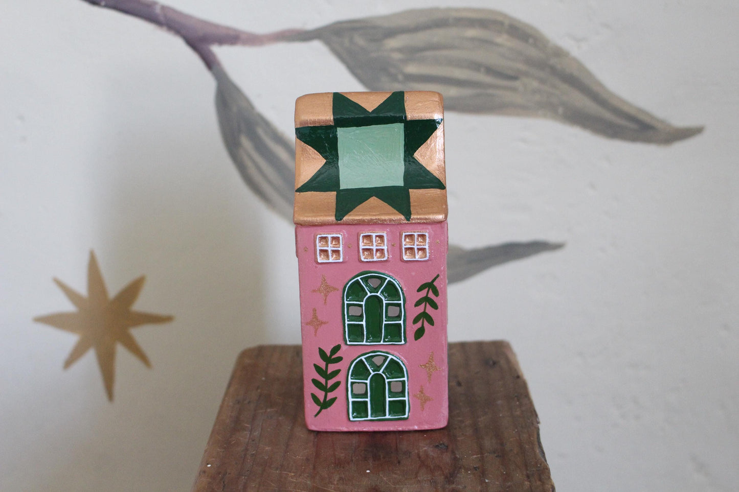 Hand Painted Ceramic Quilt Star House Ornament - Tea light holder, cottagecore, folk art, patchwork - green and pink decor