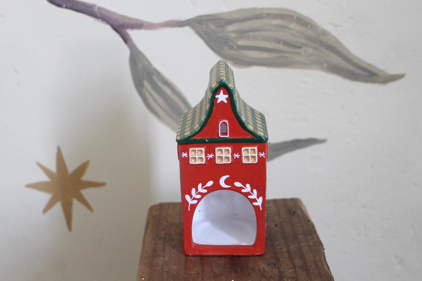 Hand Painted Ceramic Gingham House - Tea light holder, Red and Green, Cute cottagecore, folk art, hygge, Christmas Village