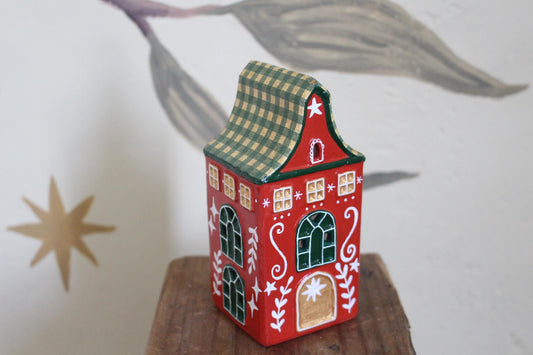Hand Painted Ceramic Gingham House - Tea light holder, Red and Green, Cute cottagecore, folk art, hygge, Christmas Village