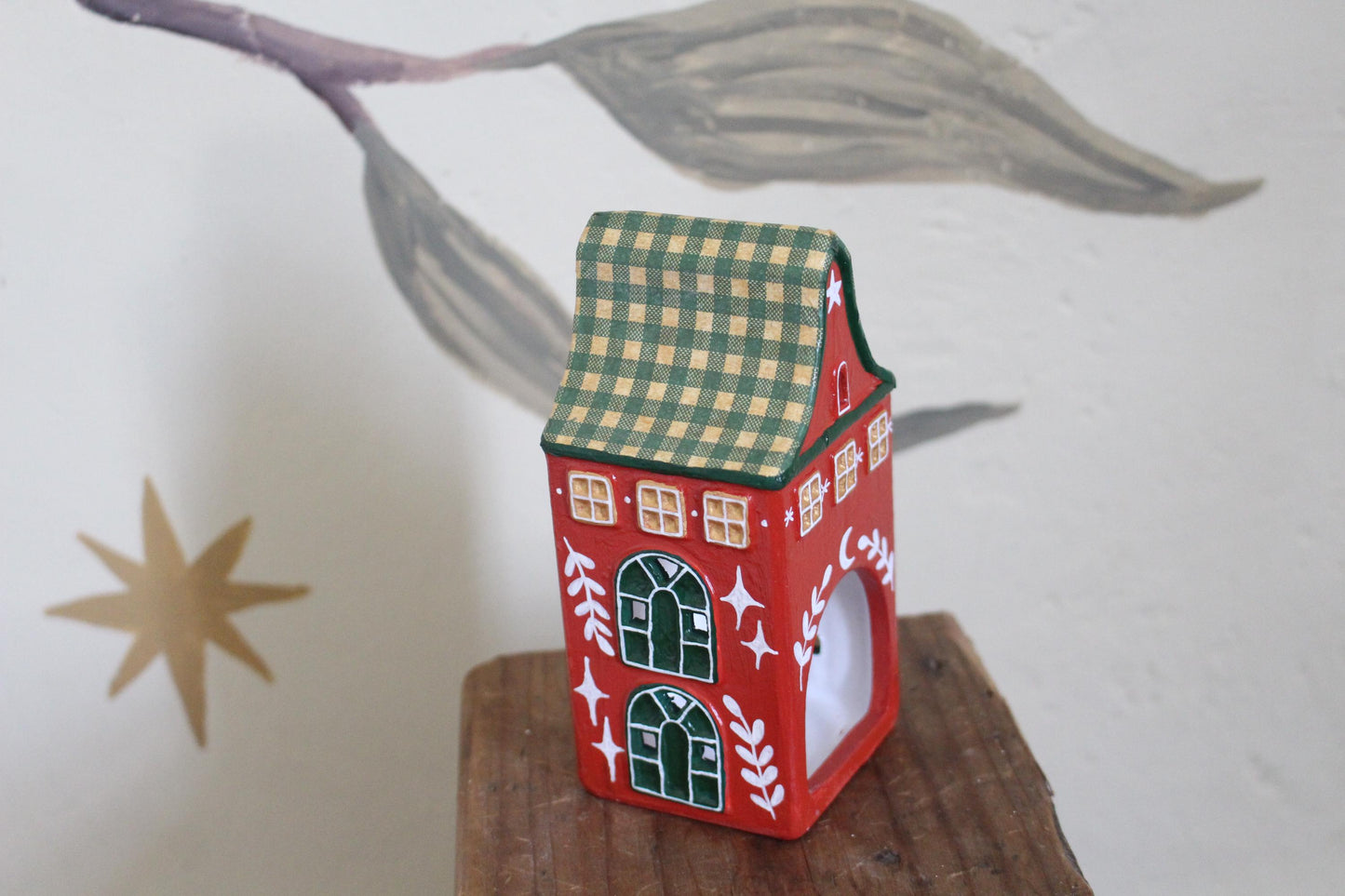 Hand Painted Ceramic Gingham House - Tea light holder, Red and Green, Cute cottagecore, folk art, hygge, Christmas Village