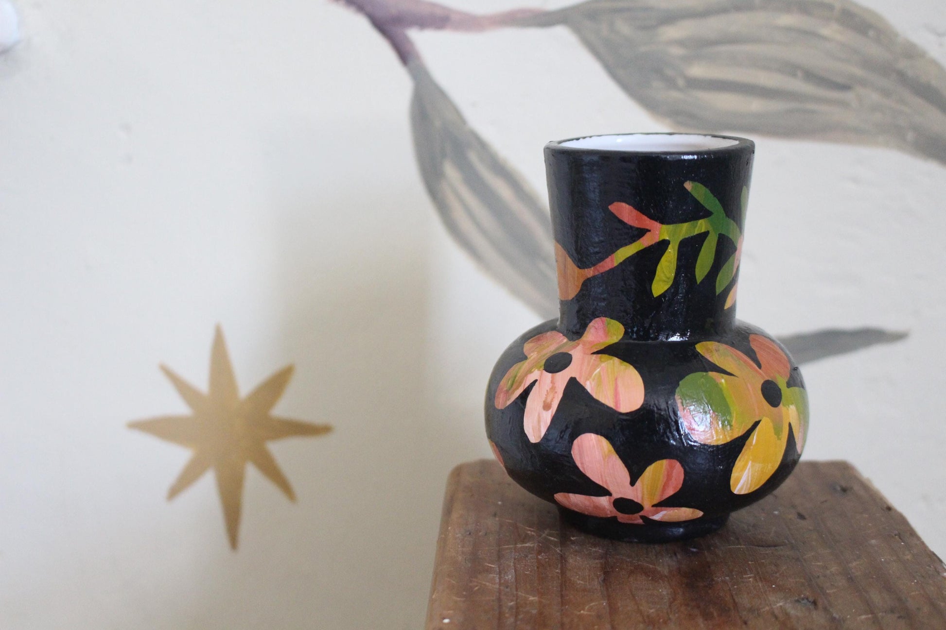 Floral Ceramic Hand Painted Vase - Flowers, Spring Decor, Green, Pink