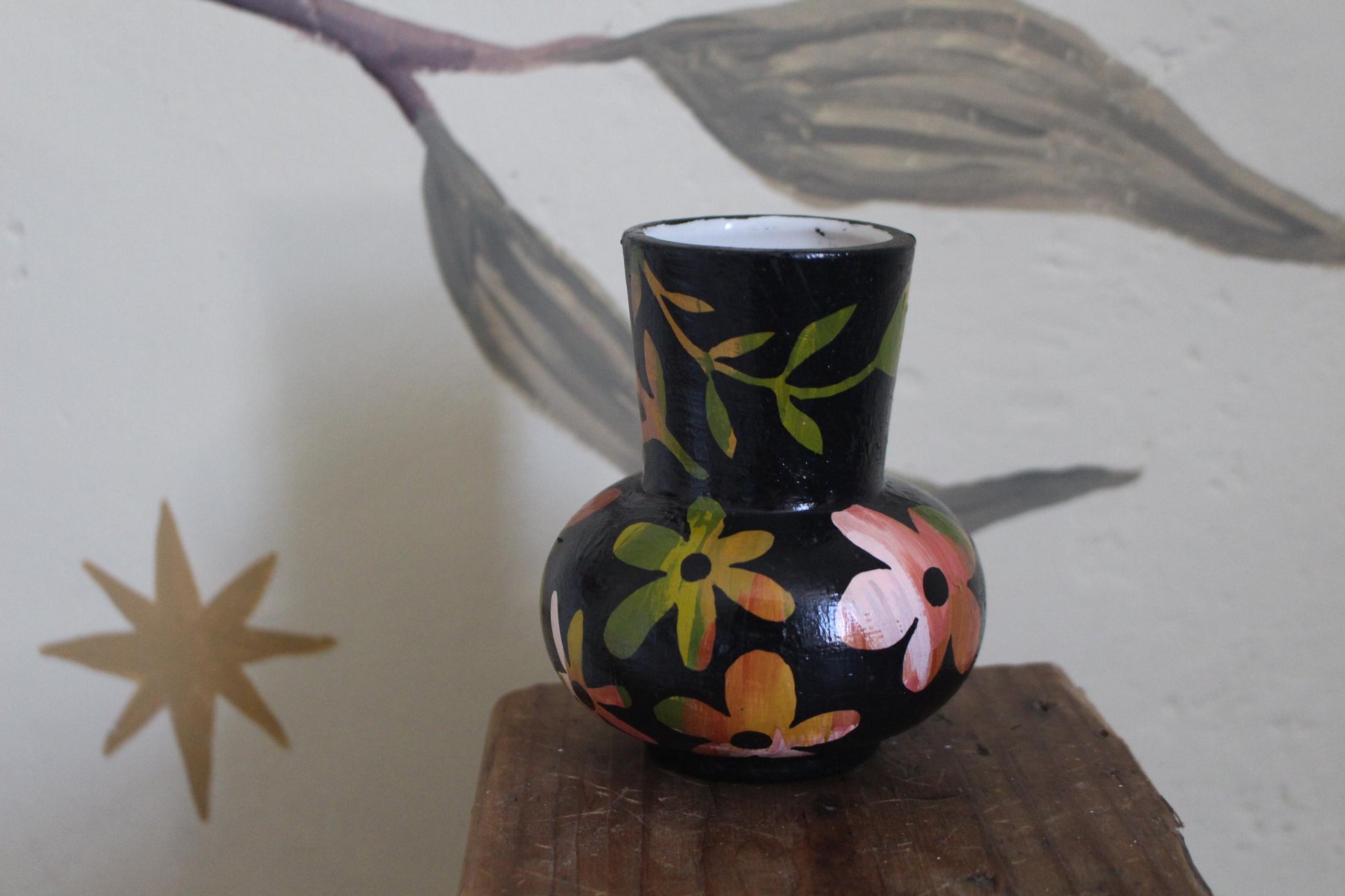 Floral Ceramic Hand Painted Vase - Flowers, Spring Decor, Green, Pink
