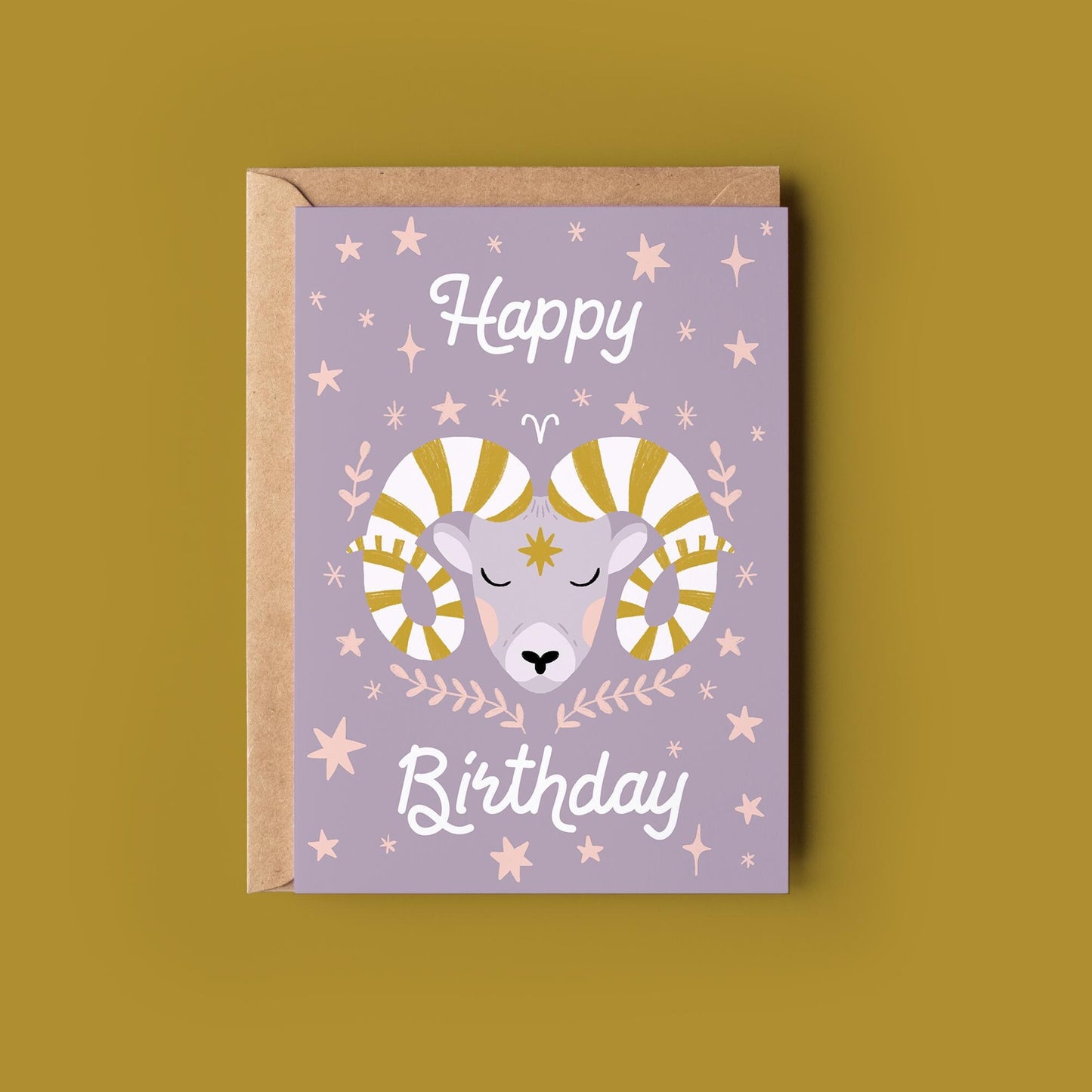 Aries Zodiac Greetings Card - Birthday Star Sign Card - Folk Art, Botanical,