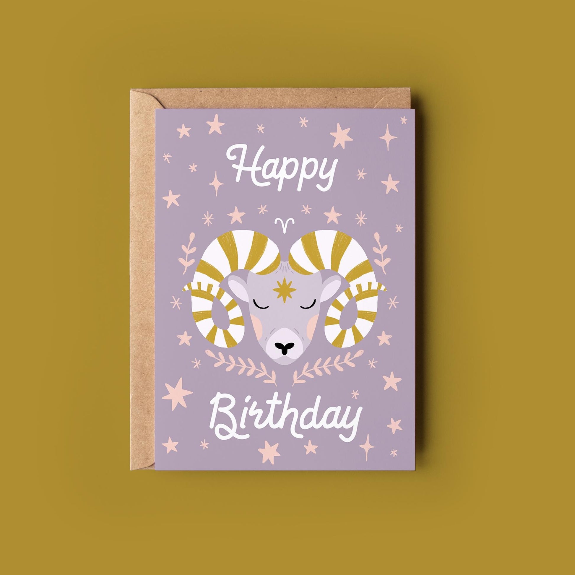 Aries Zodiac Greetings Card - Birthday Star Sign Card - Folk Art, Botanical,