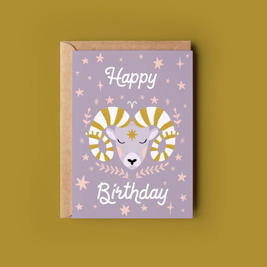 Aries Zodiac Greetings Card - Birthday Star Sign Card - Folk Art, Botanical,