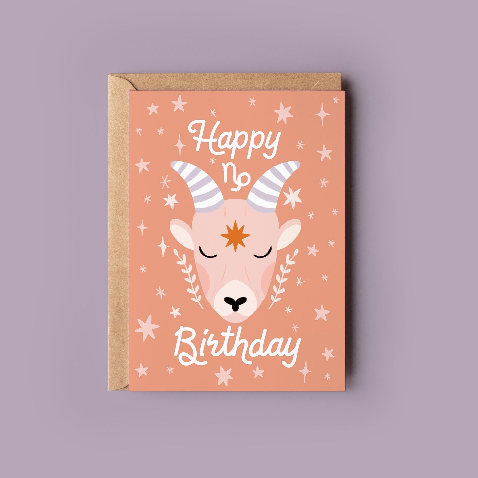 Capricorn Zodiac Greetings Card - Birthday Star Sign Card - Astrology, Horoscope, Folk Art, Celestial, Botanical,