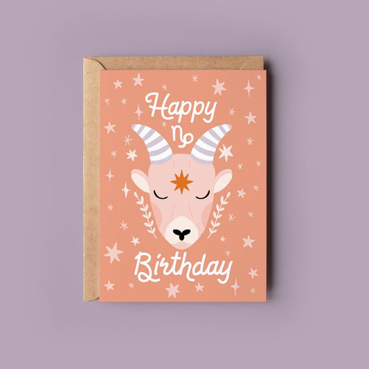 Capricorn Zodiac Greetings Card - Birthday Star Sign Card - Astrology, Horoscope, Folk Art, Celestial, Botanical,