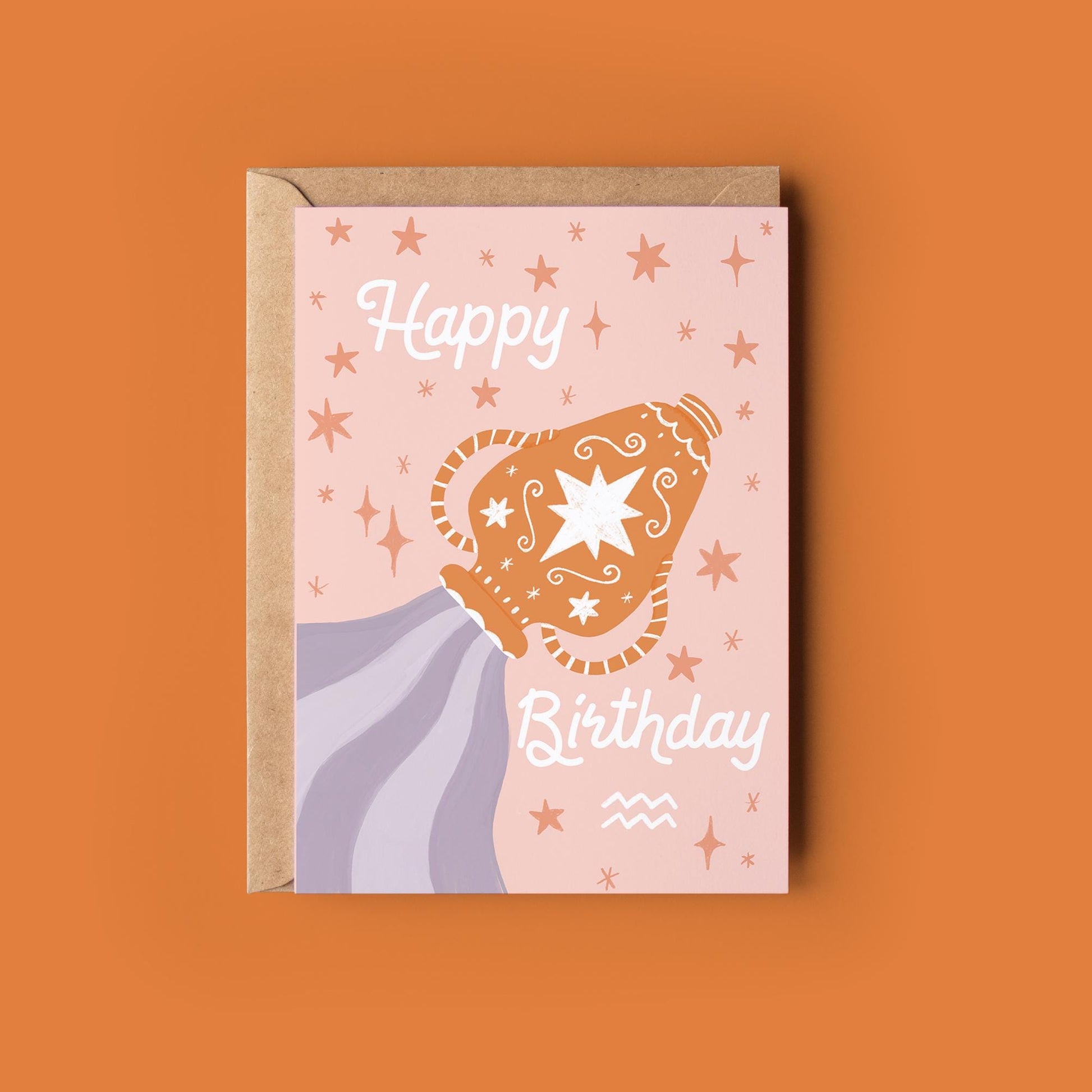 Aquarius Zodiac Greetings Card - Birthday Star Sign Card - Astrology, Horoscope, Folk Art, Celestial, Botanical,