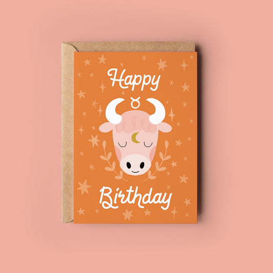 Taurus Zodiac Greetings Card - Birthday Star Sign Card - Astrology, Horoscope, Folk Art, Celestial, Botanical,