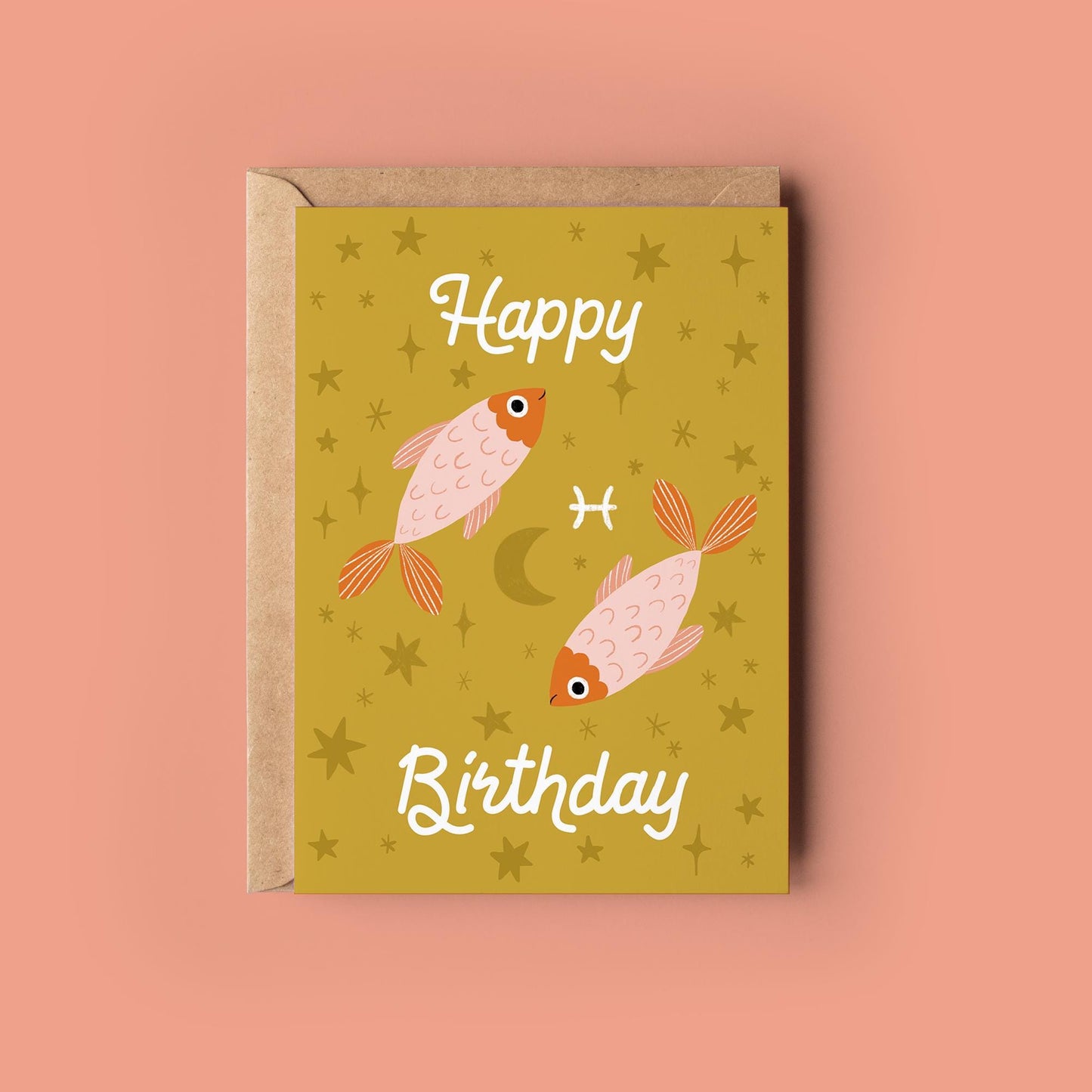 Pisces Zodiac Greetings Card - Birthday Star Sign Card - Astrology, Horoscope, Folk Art, Celestial, Botanical,