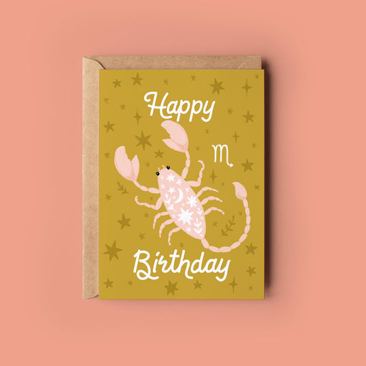Scorpio Zodiac Greetings Card - Birthday Star Sign Card - Astrology, Horoscope, Folk Art, Celestial, Botanical,