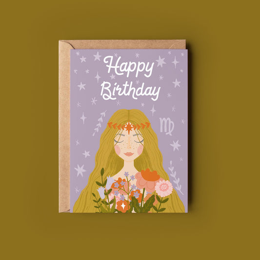 Virgo Zodiac Greetings Card - Birthday Star Sign Card - Astrology, Horoscope, Folk Art, Celestial, Botanical,