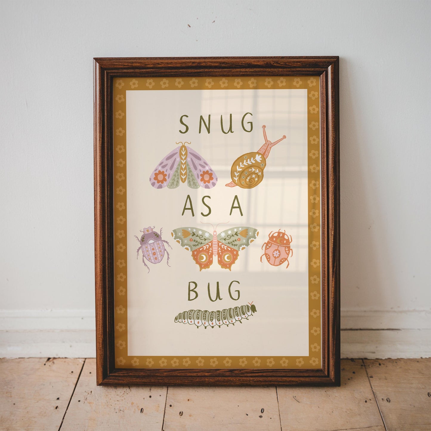Set of 3 Personalised Floral Bug Art Prints - Nursery, Kids Room, Initial, Name, Playroom Decor, Patchwork Quilt, Folk Art, Girls Room