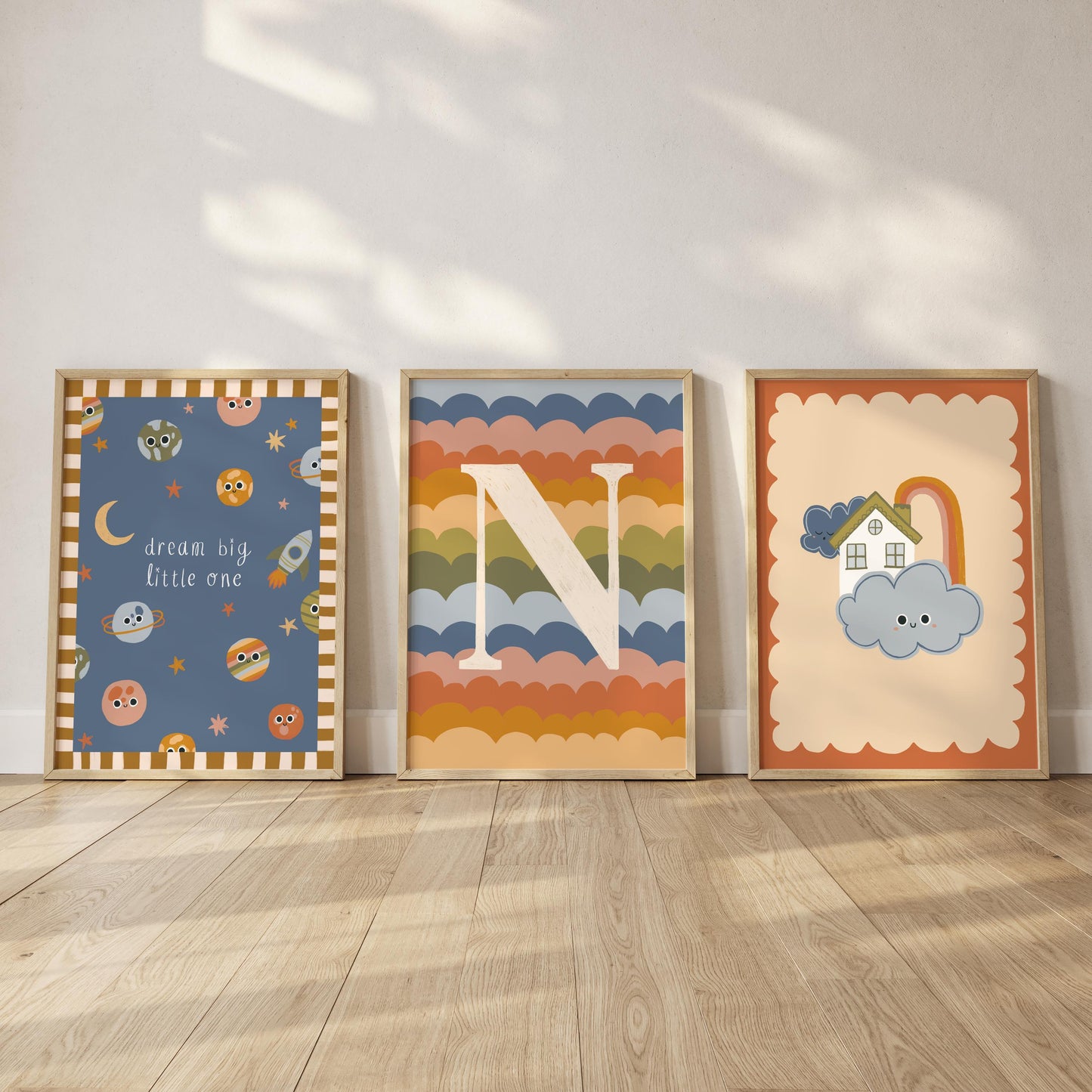 Set of 3 Personalised Retro Rainbow Space Art Prints - Nursery, Kids Room, Initial, Name, Playroom Decor, Planets,