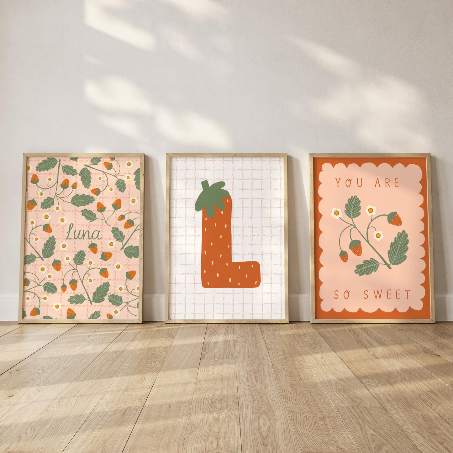 Set of 3 Personalised Strawberry Art Prints - Nursery, Kids Room, Initial, Name, Playroom Decor, Girls Room