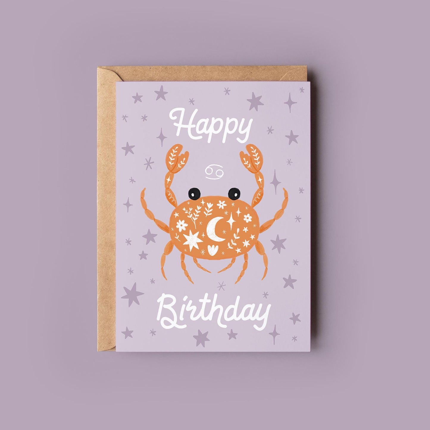 Cancer Zodiac Greetings Card - Birthday Star Sign Card - Astrology, Horoscope, Folk Art, Celestial, Botanical,