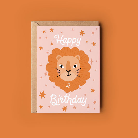 Leo Zodiac Greetings Card - Birthday Star Sign Card - Astrology, Horoscope, Folk Art, Celestial, Botanical,