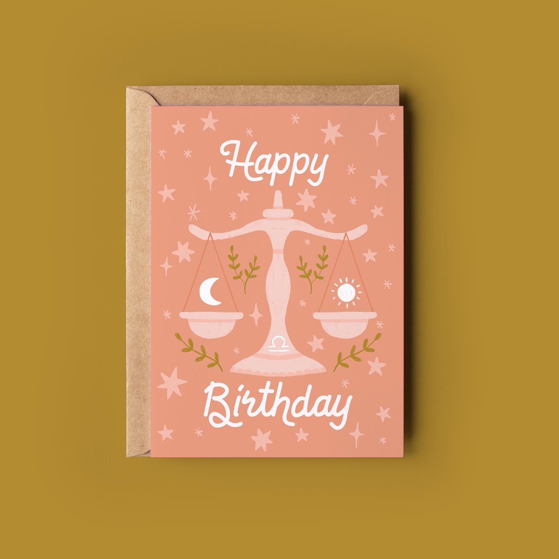 Libra Zodiac Greetings Card - Birthday Star Sign Card - Astrology, Horoscope, Folk Art, Celestial, Botanical,