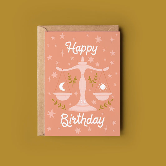 Libra Zodiac Greetings Card - Birthday Star Sign Card - Astrology, Horoscope, Folk Art, Celestial, Botanical,
