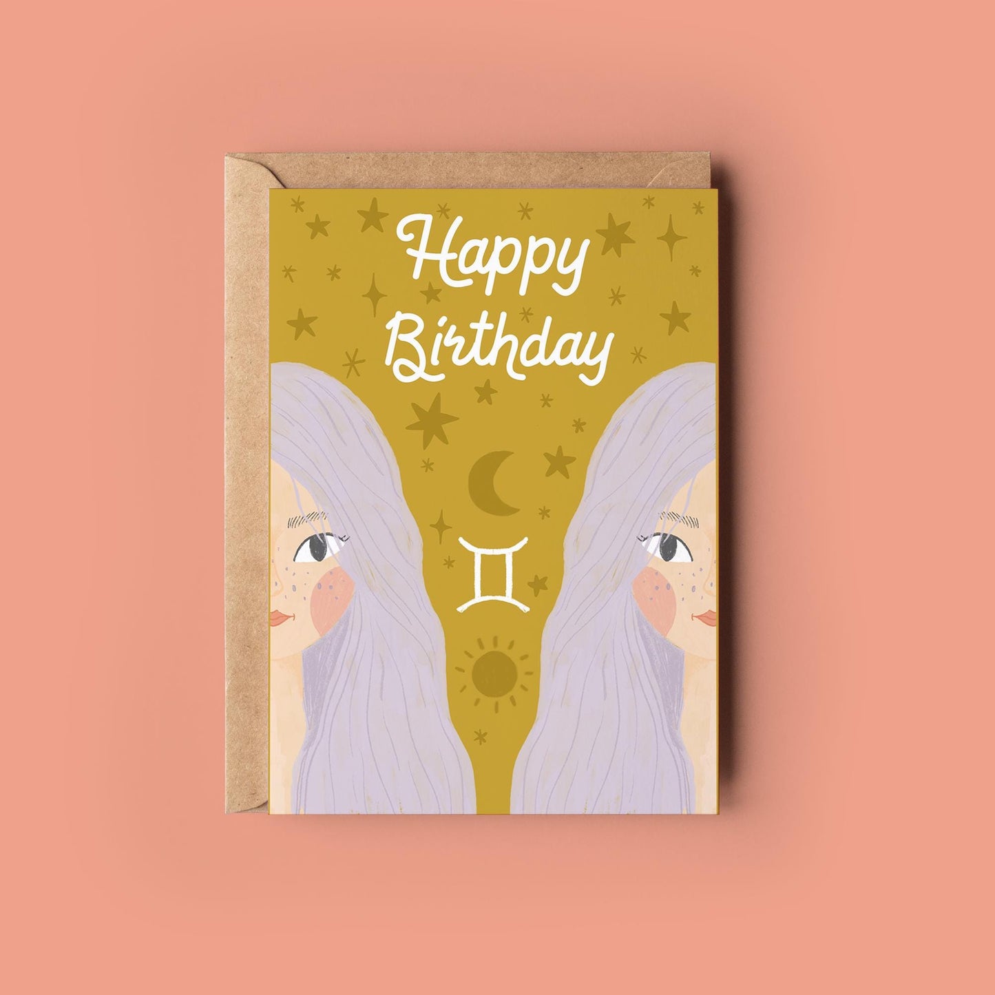 Gemini Zodiac Greetings Card - Birthday Star Sign Card - Astrology, Horoscope, Folk Art, Celestial, Botanical,
