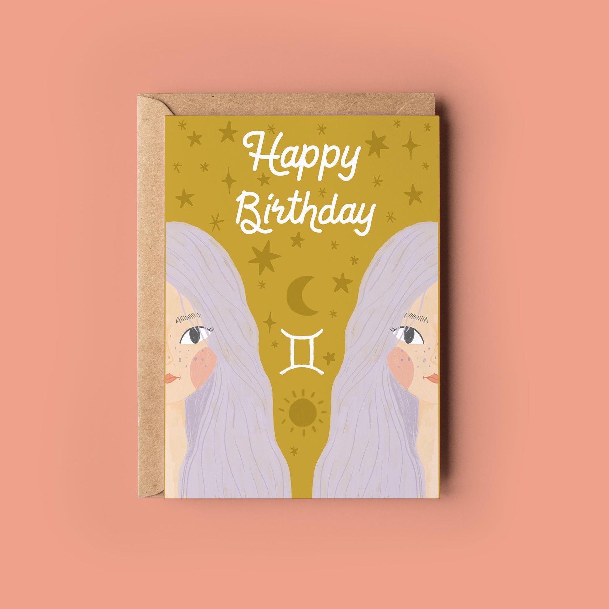 Gemini Zodiac Greetings Card - Birthday Star Sign Card - Astrology, Horoscope, Folk Art, Celestial, Botanical,