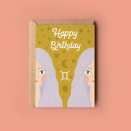 Gemini Zodiac Greetings Card - Birthday Star Sign Card - Astrology, Horoscope, Folk Art, Celestial, Botanical,