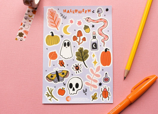 Halloween Vinyl Sticker Sheet - journal stickers, scrapbook stickers, planner, Spooky season, pumpkins, ghosties, moth, witchy, autumnal